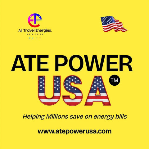 ATE POWER USA branding with logo on yellow background, promoting energy savings, featuring American flag design.
