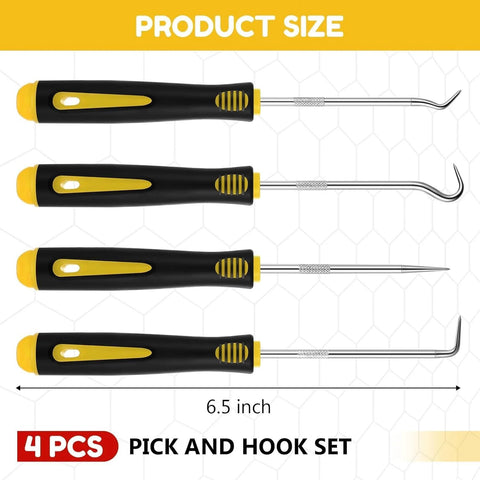 4-piece precision pick and hook tool set with black and yellow non-slip handles and metal shafts, 6.5 inches.