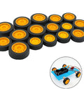 30 Piece Rubber Wheel Set With 15 Round Rod Shafts For RC Cars Trucks Helicopters Planes And Robots DIY Model Building Parts Includes 2x21mm 2x23mm And 2x27mm Wheels And 100mm Shafts, shown with assembled blue model