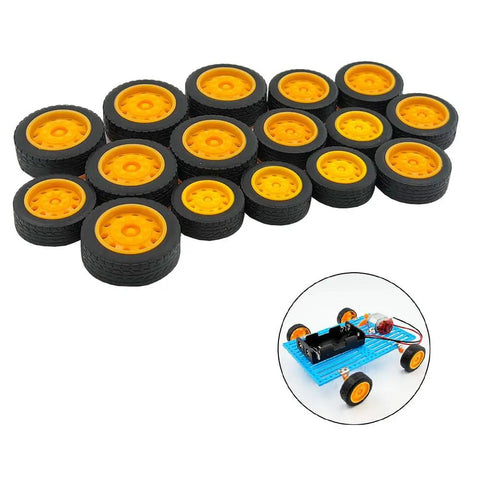 30 Piece Rubber Wheel Set With 15 Round Rod Shafts For RC Cars Trucks Helicopters Planes And Robots DIY Model Building Parts Includes 2x21mm 2x23mm And 2x27mm Wheels And 100mm Shafts, shown with assembled blue model