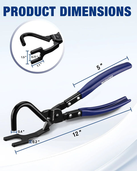 Exhaust hanger removal tool with blue handles and black metal jaws, WORKPRO, 12-inch length.
