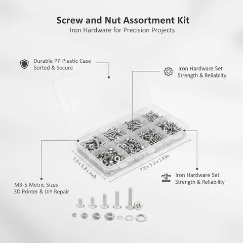 2 Lb Iron Screw And Nut Assortment Kit With 24 Sizes In Durable PP Case 660 Pieces For 3D Printer Builds DIY Repairs Home Projects, M3-5