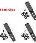 Three sets of rugged durable tactical holster clips and knife scabbard kit for back waist gear with adjustable fit everyday carry.
