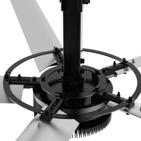 Close-up of Tank Built 18 Foot HVLS Industrial Ceiling Fan 208 To 240V Three Phase showing motor and blade assembly.