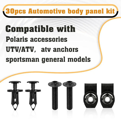 Heavy Duty U Type Nut And Screw Kit For UTV ATV And Snowmobile Featuring Rock Solid Nylon Rivets with automotive fasteners and screws.