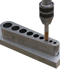 Straight Shooting V Tap Guide For Screw Thread Inserts And Heli Coil Jobs delivers precise alignment on metal surface with drill.