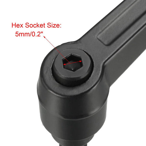 Close-up of M10 X 35mm Adjustable Clamping Lever With Push Button Ratchet showing 5mm hex socket, matte black finish