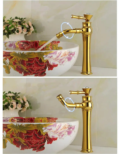 Gold Tall Vessel Sink Faucet With Single Lever Handle One Hole Deck Mount Vanity Mixer Tap For Bathroom, Premium Brass Construction