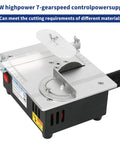 Solid Little Workhorse Compact Mini Table Saw With Variable Speed Trigger Precision Gauge And 45 Degree Bevel Cut built tough, showing 96W motor and 7-speed control.