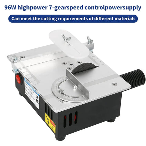 Solid Little Workhorse Compact Mini Table Saw With Variable Speed Trigger Precision Gauge And 45 Degree Bevel Cut built tough, showing 96W motor and 7-speed control.