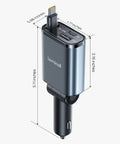 Ultra Slim 57W 3 In 1 USB C Car Charger Retractable And 180 Degree Rotatable Design with dimensions displayed