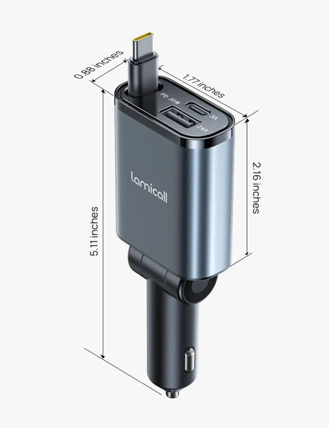 Ultra Slim 57W 3 In 1 USB C Car Charger Retractable And 180 Degree Rotatable Design with dimensions displayed