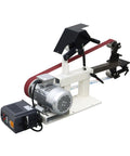 Heavy Duty Desktop Belt Sander With Smooth Stepless Speed Regulation And Three Badass Grinding Wheels Top Tier Bench Grinder For Woodshop Projects 1500W 110V with red sanding belt and motor.