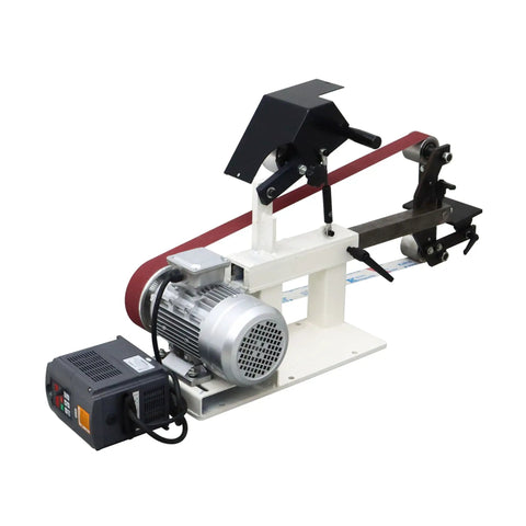 Heavy Duty Desktop Belt Sander With Smooth Stepless Speed Regulation And Three Badass Grinding Wheels Top Tier Bench Grinder For Woodshop Projects 1500W 110V with red sanding belt and motor.