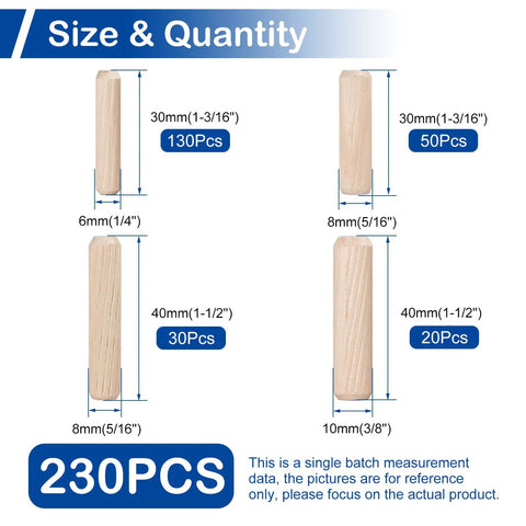 Wood Dowel Pin Set Kit For Woodworking And Furniture Repair Four Size Dowel Set With 230 Pieces And 6x30mm 8x30mm 8x40mm And 10x40mm Great For DIYers And Pros Alike For Quick Fixes Craft Projects And Heavy Furniture Repairs With Smooth Sanded Finish.