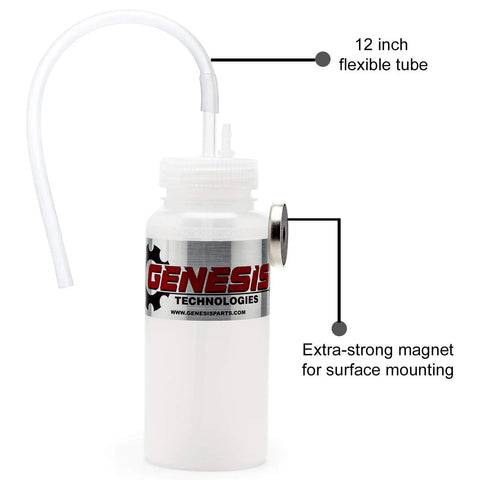 Genesis Technologies brake bleeder bottle with 12-inch flexible tube and magnet mount, white plastic bottle