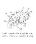 Get Your CNC And 3D Printer Game Strong With This High Precision Linear Guide Rail Kit Featuring Four Premium Steel Slider Blocks For Smooth, Noise Free Zero Stick Slip Motion That Really Flows. Diagram of steel linear guide rail block with rail, balls, seals, and grease nipple