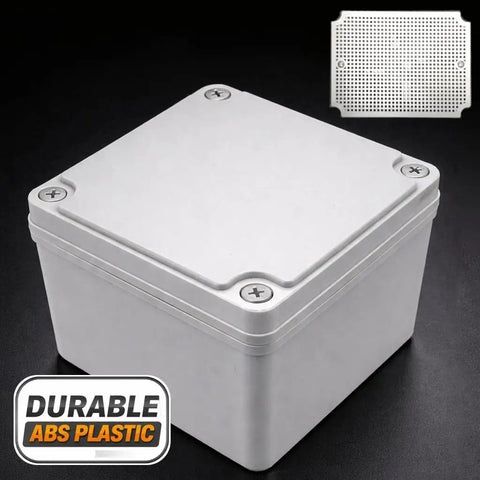 Rock Solid Electrical Junction Box With IP67 Waterproof Rating, heavy duty ABS plastic enclosure showing top view with screws.
