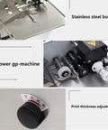 Heavy Duty Automatic Print Date Label Machine 180W Ink Wheel Printer with stainless steel body and print thickness adjustment knob.