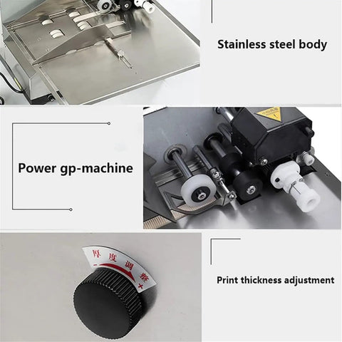 Heavy Duty Automatic Print Date Label Machine 180W Ink Wheel Printer with stainless steel body and print thickness adjustment knob.