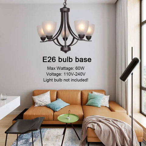 5 Light Shaded Contemporary Chandeliers With Alabaster Glass In Oil Rubbed Bronze Finish in modern living room setting
