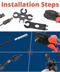 Installation steps for All In One MC-4 Solar Connector Kit with six pairs, spanner wrenches, and wire crimper for DIY cable assembly.