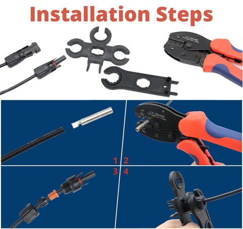 Installation steps for All In One MC-4 Solar Connector Kit with six pairs, spanner wrenches, and wire crimper for DIY cable assembly.