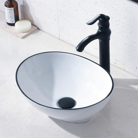 16 Inch Oval Bathroom Vessel Sink And Brushed Nickel Faucet Combo In White Ceramic Porcelain Above Counter Design With Pop Up Drain Vanity Sink Set