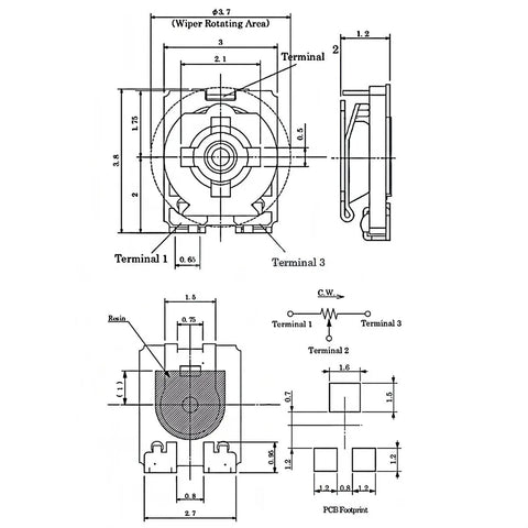 Dimensions and schematic diagram of Pack Of Ten SMD Trimmer Potentiometers 10K Ohm Adjustable Resistors for PCB layout.