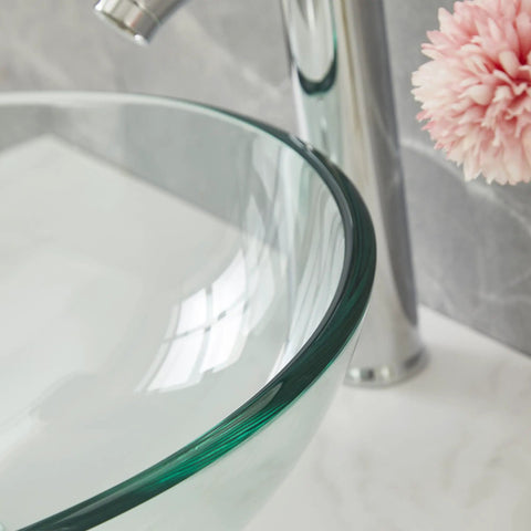 Round Tempered Clear Glass Bathroom Vessel Sink Basin With Faucet And Pop Up Drain with close-up of edge and faucet