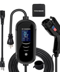 Portable Level 1 And 2 EV Charger With 25 Ft J1772 Cable And Dual NEMA Adapters For Home Electric Vehicles Featuring Smart LCD Display Adjustable Amperage Scheduling And Swift Plug And Go Convenience Black showing LCD screen, J1772 connector, and cable.