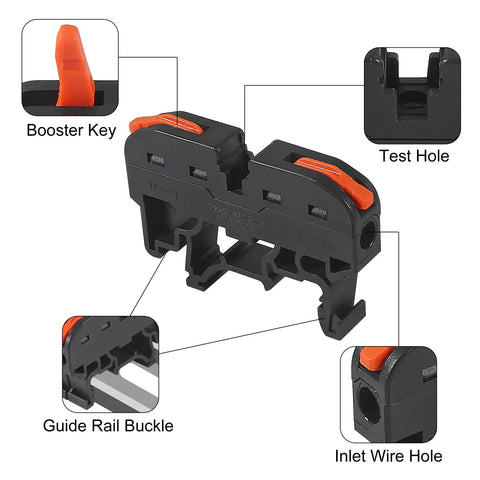 20 Pcs DIN Rail Terminal Blocks For Electrical Control Panels, showing booster key, test hole, guide rail buckle, and inlet wire hole