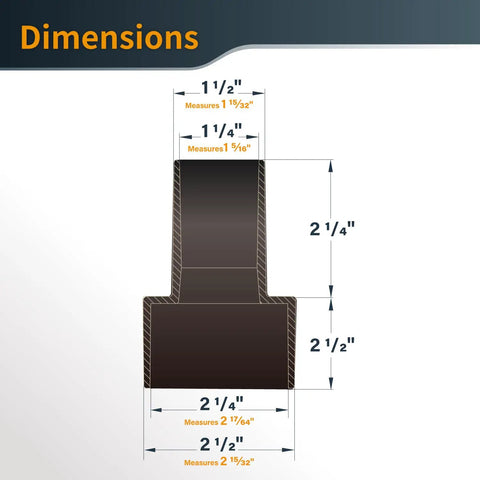 Dimensions of Two Pack Reducer Adapter Set From Two And A Half Inch OD To One And A Half Inch OD For Dry And Wet Vacuum Hoses
