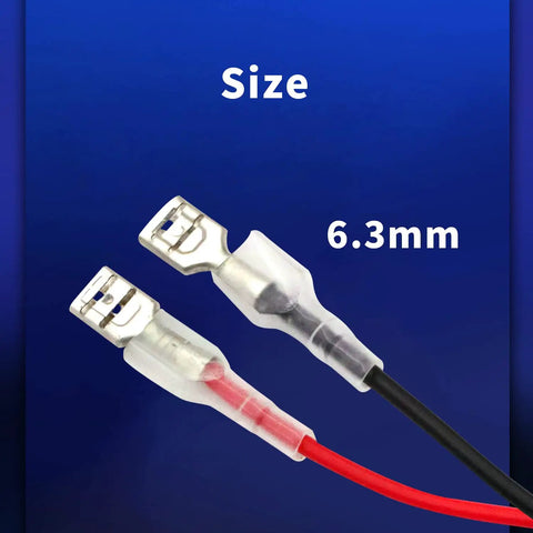 30 Pcs 6.3mm Double Head Crimp Terminal With Insulating Sleeve Red And Black Female Spade Quick Splice Assortment Kit Heavy Duty For Auto Marine And Home Wiring 11.82 Inch Wire Length 15 Red 15 Black Durable Tin Plated Copper with size labeled.