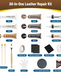 No Sweat Leather And Vinyl Repair Kit For Car Seats Couches And Furniture With Color Matching Patches and tools laid out for repair.