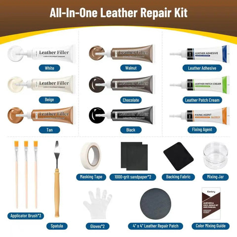 No Sweat Leather And Vinyl Repair Kit For Car Seats Couches And Furniture With Color Matching Patches and tools laid out for repair.