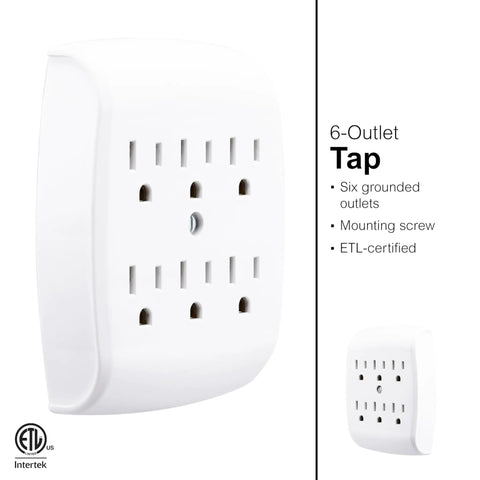 Six Outlet Wall Tap Extender Grounded Adapter Turns Two Outlets Into Six, Creating a Handy Charging Station For Phone, Tablet, Nintendo Switch, Smartwatch And Other Gear, ETL Listed White