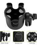 2 In 1 Stroller Cup Holder With Phone Mount Universal Cup Holder showing rubber clip jaw, adjustable knob, and flexible flaps