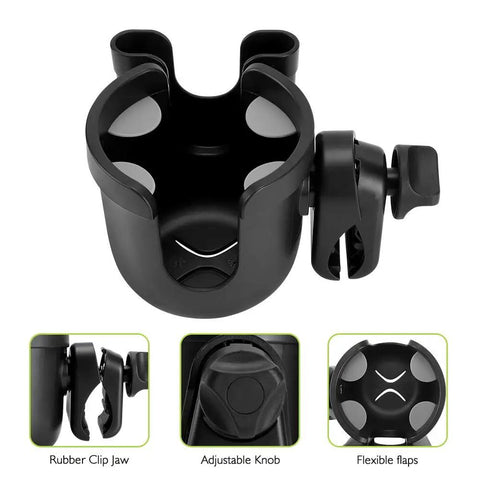 2 In 1 Stroller Cup Holder With Phone Mount Universal Cup Holder showing rubber clip jaw, adjustable knob, and flexible flaps