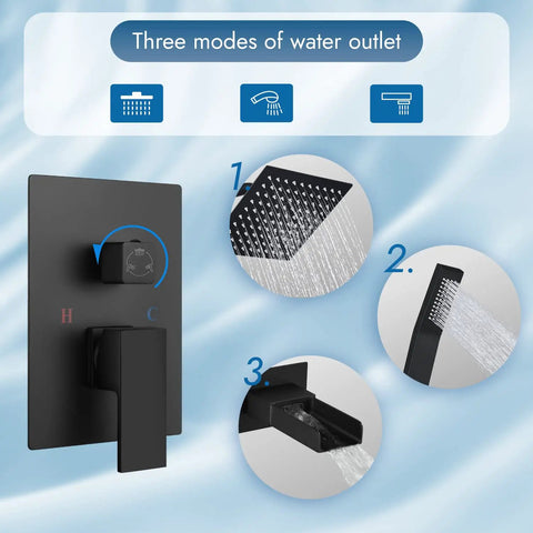 Dope Wall Mount 3-Function Shower System With Handheld Spray and Waterfall Tub Spout showing three water modes diagram