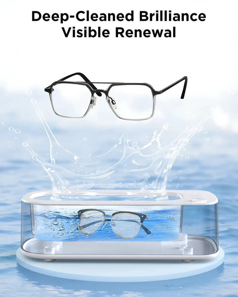 Ultrasonic Jewelry Cleaner Machine With 48KHz Tech Dual Cleaning Modes 350ML tank cleaning eyeglasses in water.