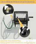 Triangle Wall Mounted Garden Hose Reel System with brass fittings and built-in storage basket mounted on an outdoor wall.