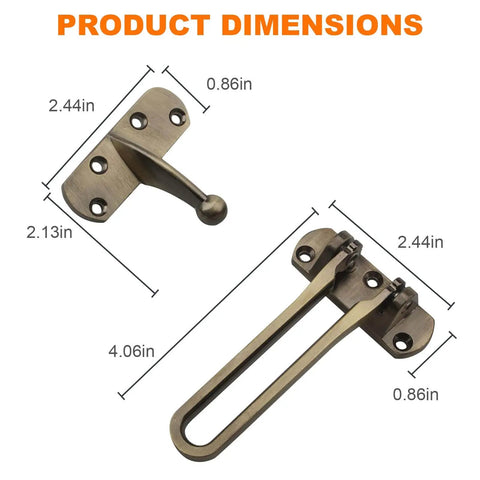 Swing Bar Door Lock Latch With A Three Seven Eighths Inch Bar Length For Front Doors Keeps Door Slightly Ajar For Visibility And Ventilation Child Safety Guard Reinforcement Lock Hardware For Extra Security And Easy Install dimensions with measurements shown.