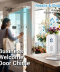 Woman entering store with wireless motion sensor door bell chime on counter, indoor use, 36 ringtones, for business and retail.