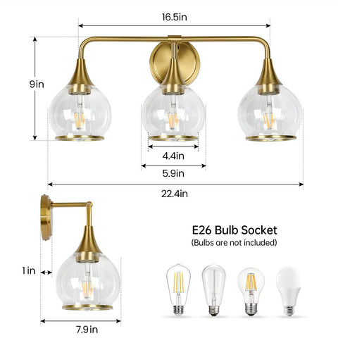 Gold Three Light Vanity Light Over Mirror With Clear Glass Shades, 22.4 Inch Wall Sconce Bath Fixture, Dope Mid Century Vibe For Master Bathroom, Bulbs Not Included