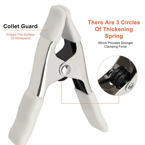 Beastly Grip Heavy Duty 4 Inch Spring Clamps For Backdrops with white sleeves and strong clamping force demonstrated