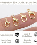 DIY Jewelry Repair Kit For Broken Necklaces And Bracelets With 15 Gold Plated Clasps Including Lobster Clasp Close-Up View.