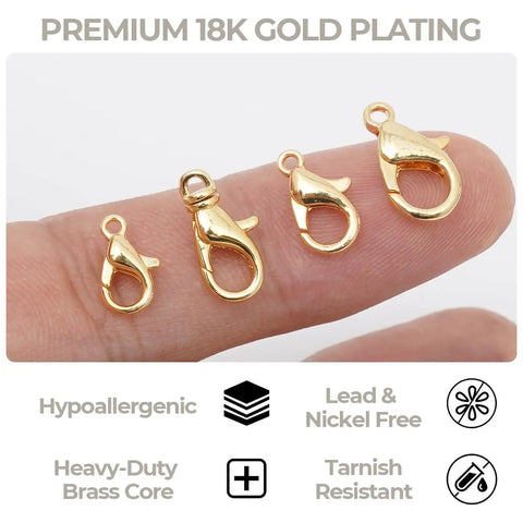 DIY Jewelry Repair Kit For Broken Necklaces And Bracelets With 15 Gold Plated Clasps Including Lobster Clasp Close-Up View.