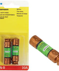 FRN-R Time Delay Dual Element Fuse Set For 30 Amp 250 Volt shown in packaging and as individual fuse