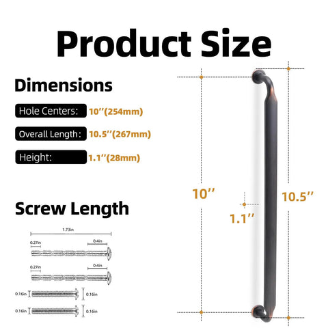 Dimensions of Six Pack 10 Inch Cabinet Pulls in Oil Rubbed Bronze shown with 10.5 inch overall length and screw size details.